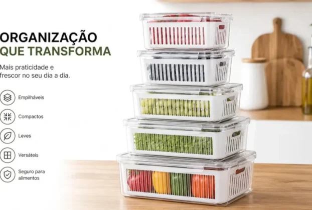 kit com 5 organizadores herméticos para geladeira