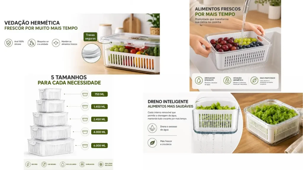 Kit com 5 Organizadores Herméticos para Geladeira: Review Completo 6 potes herméticos para geladeira